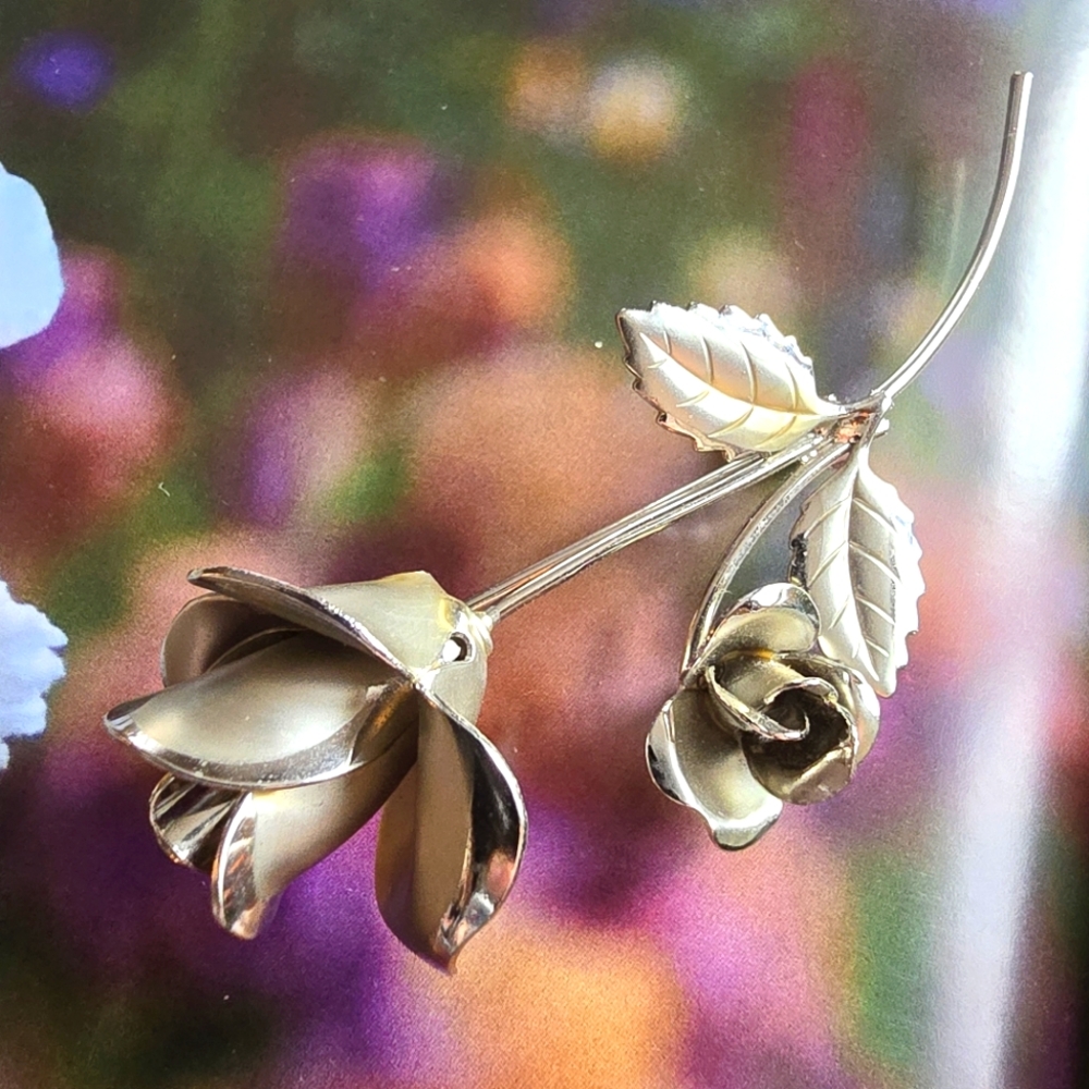 Vintage rose brooch silver tone romantic floral flower pin garden coquette